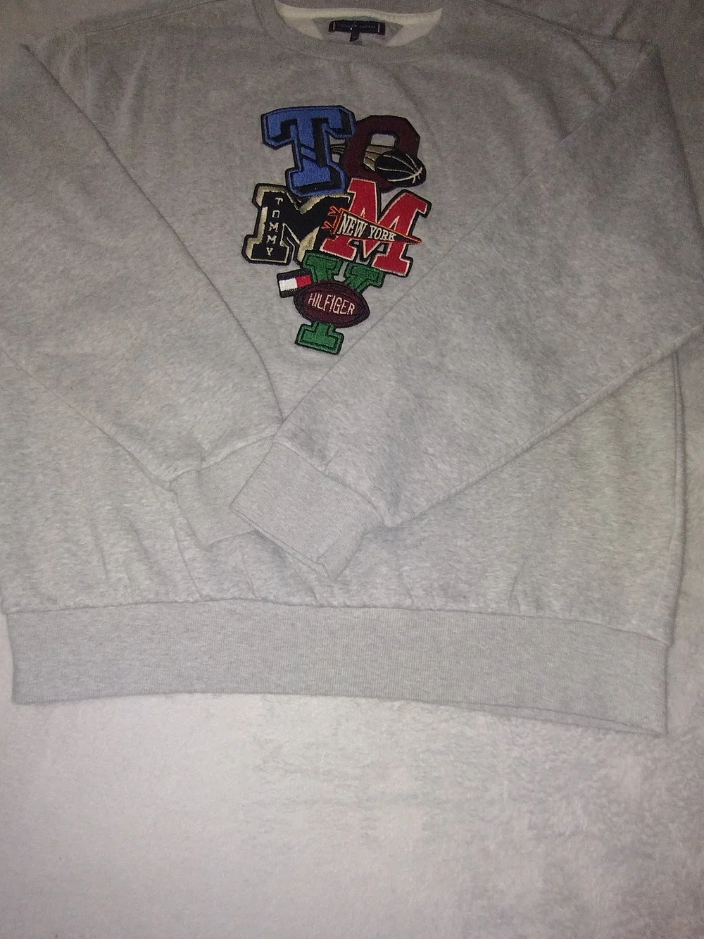 Tommy Hilfiger Light Gray Crewneck Sweatshirt with Multicolor Logo Patches